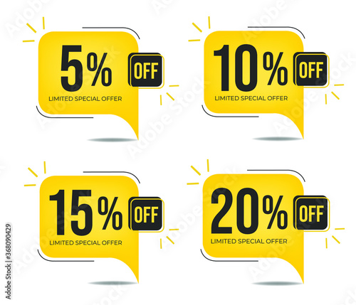 5% off, 10% off, 15%0ff and 20% off. Set of tag discounts. Banner with four yellow balloons with special offers vector.