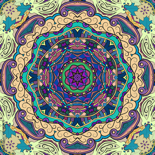 Seamless tracery tile mehndi design. Ethnic ornament, colorful doodle symmetry texture. Folk traditional spiritual tribal design. Curved doodling motif. Color art. Vector