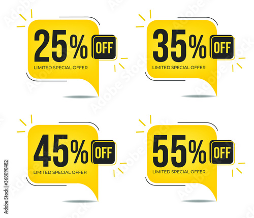 25% off, 35% off, 45%0ff and 55% off. Set of tag discounts. Banner with four yellow balloons with special offers vector.