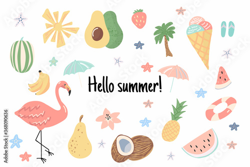 Hello, summer. Summer doodle set. Vector