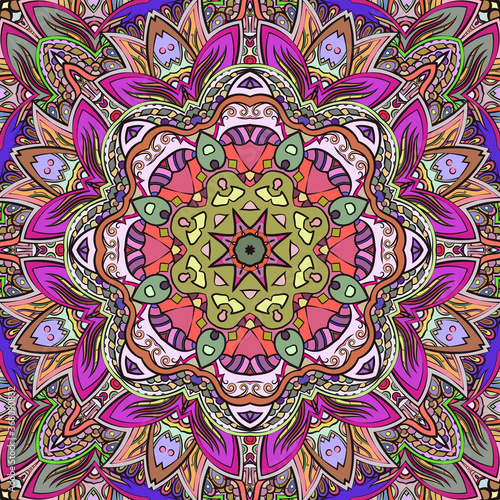 Seamless tracery tile mehndi design. Ethnic ornament, colorful doodle symmetry texture. Folk traditional spiritual tribal design. Curved doodling motif. Color art. Vector