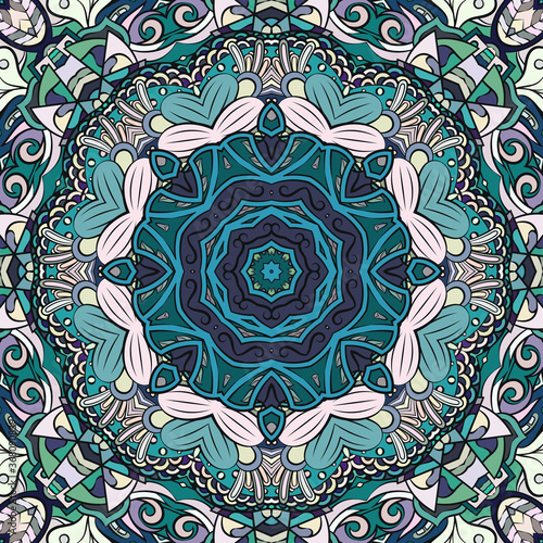 Seamless tracery tile mehndi design. Ethnic ornament, colorful doodle symmetry texture. Folk traditional spiritual tribal design. Curved doodling motif. Color art. Vector