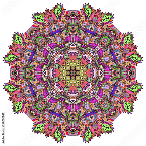 Mandala, tracery wheel mehndi design. Ethnic ornament, colorful doodle symmetry texture. Folk traditional spiritual tribal design.  Curved shape, isolated on white. Color art. Vector