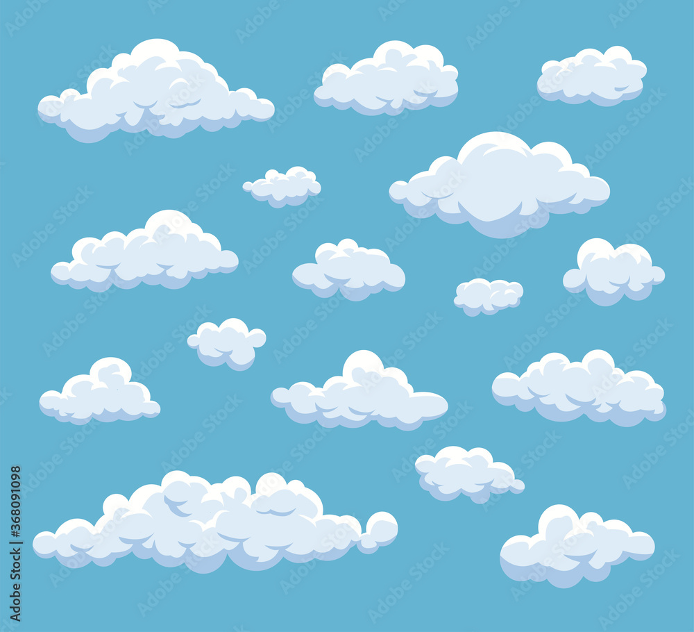 Cartoon Clouds Set. Vector cloud isolated on blue sky. Collection of clouds for web site,poster,placard and wallpaper.