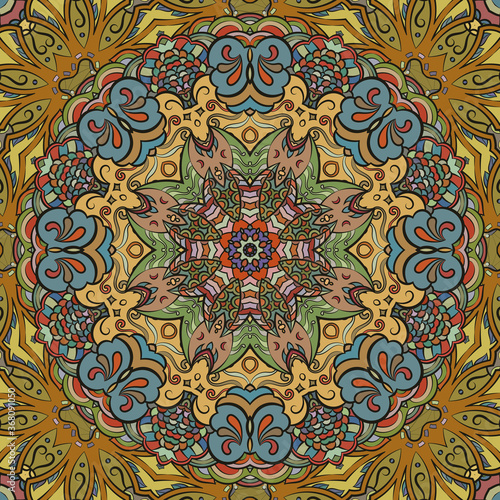 Seamless tracery tile mehndi design. Ethnic ornament, colorful doodle symmetry texture. Folk traditional spiritual tribal design. Curved doodling motif. Color art. Vector