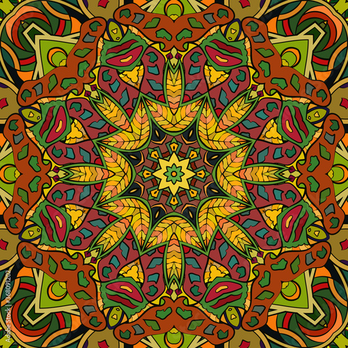 Seamless tracery tile mehndi design. Ethnic ornament, colorful doodle symmetry texture. Folk traditional spiritual tribal design. Curved doodling motif. Color art. Vector