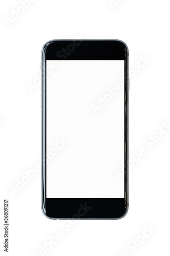 Smartphone with blank white screen and copy-space on white background.