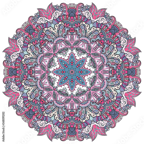 Mandala, tracery wheel mehndi design. Ethnic ornament, colorful doodle symmetry texture. Folk traditional spiritual tribal design.  Curved shape, isolated on white. Color art. Vector