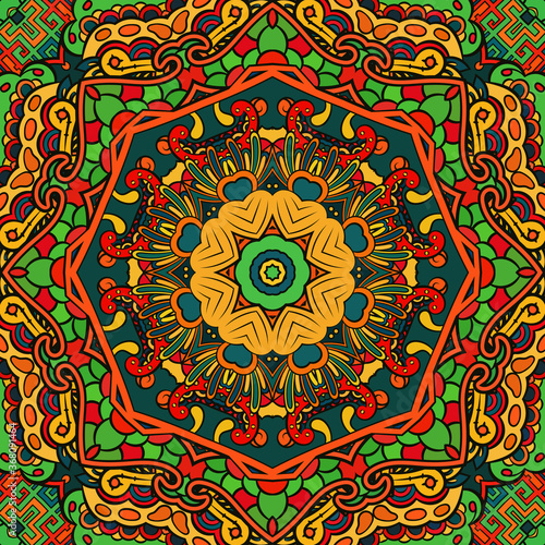 Seamless tracery tile mehndi design. Ethnic ornament, colorful doodle symmetry texture. Folk traditional spiritual tribal design. Curved doodling motif. Color art. Vector