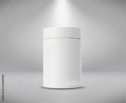 White cylinder box. Round empty paper box for food soup tea or coffee. Vector mockup of white blank box.