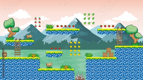Tileset Platform for creating Game - A set of layered vector game asset, 
contains background, ground tiles and several items, objects, decorations,
used for creating mobile games
