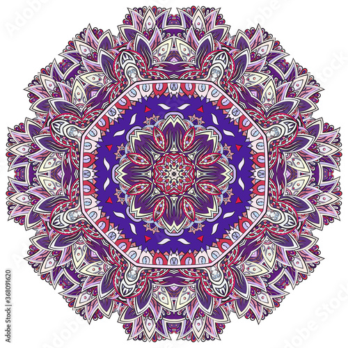 Mandala, tracery wheel mehndi design. Ethnic ornament, colorful doodle symmetry texture. Folk traditional spiritual tribal design. Curved shape, isolated on white. Color art. Vector