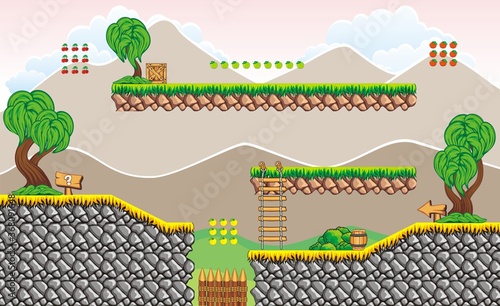 Tileset Platform for creating Game - A set of layered vector game asset, contains background, ground tiles and several items, objects, decorations, used for creating mobile games 