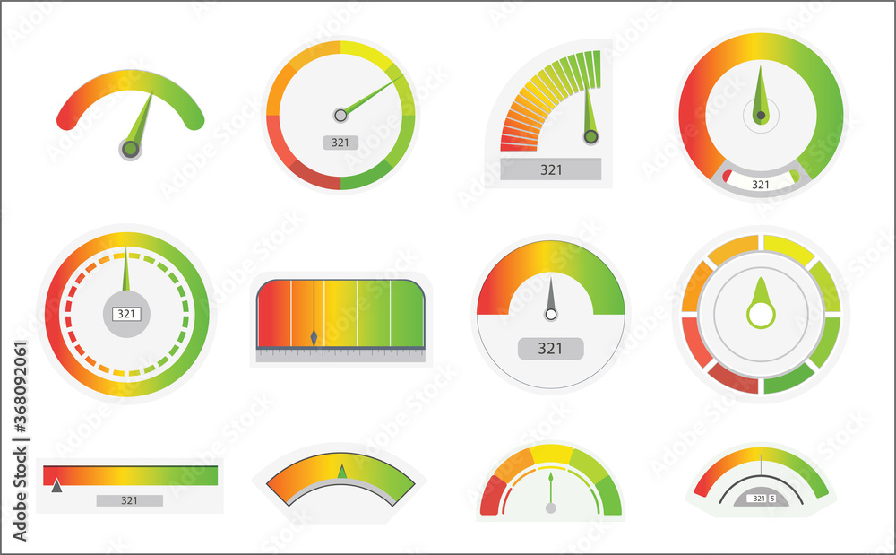 Business credit score speedometers. Credit score indicators with color levels from poor to good. Level indicator, credit loan scoring manometers vector set