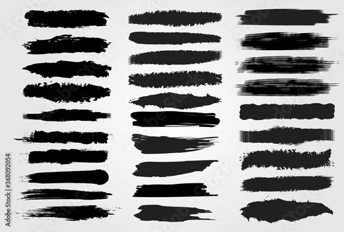 Big collection of black paint, ink brush strokes, brushes, lines, grungy. Dirty artistic design elements, boxes, frames. Vector illustration. Isolated on white background. Freehand drawing.