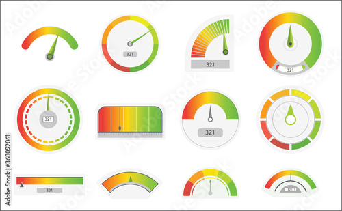 Business credit score speedometers. Credit score indicators with color levels from poor to good. Level indicator, credit loan scoring manometers vector set