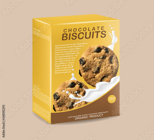 Realistic biscuits packaging, delicious cookies with chocolate, sweet dessert, vector illustration, packaging mockup, 3d box 
