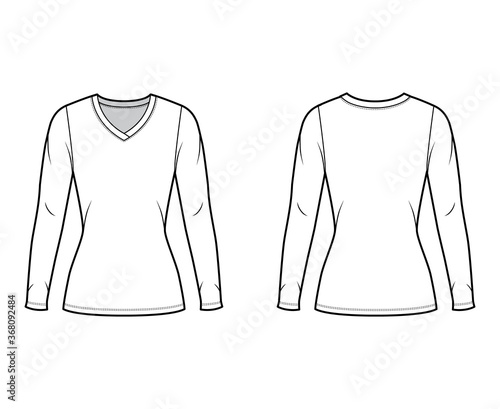 V-neck jersey sweater technical fashion illustration with long sleeves, close-fitting shape, tunic length. Flat outwear apparel template front back white color. Women men unisex shirt top CAD mockup