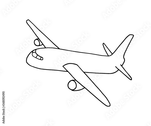 Airplane icon. Hand drawn outline illustration with black airplane on white background.