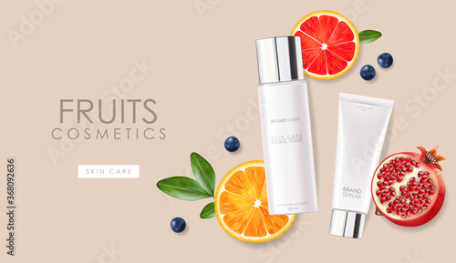 Realistic cosmetics with exotic fruits, pomegranate, orange, berry, white bottle set, packaging mockup, skin care, hydration cream, toner, cleanser, serum, face treatment, isolated container 3d vector