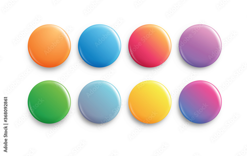 Circle button badge. Big set of colorful glossy badge or button. Round plastic pin, emblem, volunteer label. Colorful isolated vector mockup icons set Circle button badge. Big set of colorful glossy badge or button. Round plastic pin, emblem, volunteer label. Colorful isolated vector mockup icons set