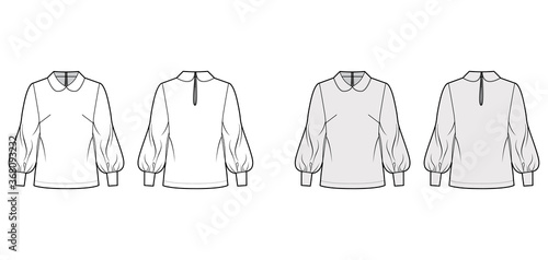Long bishop sleeve blouse technical fashion illustration with round collar, back button-fastening keyhole. Flat shirt apparel template front back white grey color. Women, men unisex top CAD mockup