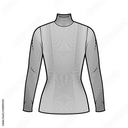 Turtleneck ribbed-knit sweater technical fashion illustration with long sleeves, close-fitting shape, tunic length. Flat sweater apparel template front back white color. Women men unisex shirt top CAD