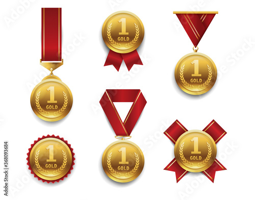 Gold medals set. Award winner trophy, 1st placement achievement. Round medal with different red ribbons. Realistic vector illustration isolated on white.