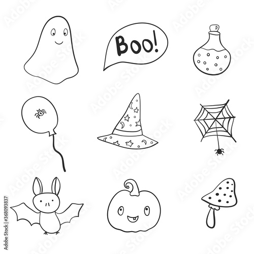 Hand drawn helloween, doodle, set.Hand drawn Halloween traditional symbols. Doodle style illustrations: carved pumpkin, spider webs,hat,magic potion pot. Isolated vector on white background.