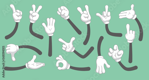 Cartoon hands in gloved. Vector clipart arms in different poses. Vector isolated illustration symbols set