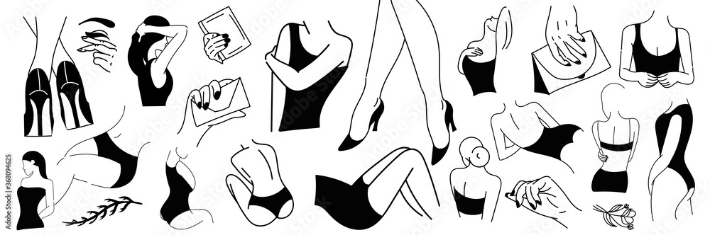 Large collection of black and white collection of female body parts for design elements, vector illustration Large collection of black and white collection of female body parts for design elements, vector illustration