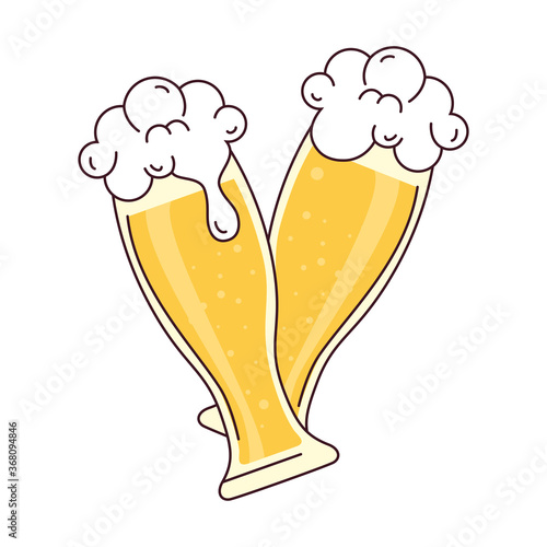 two glass of beer with froth, cheers, on white background vector illustration design