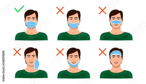 How to use a medical mask correctly and wrong. Instructions with a male character.