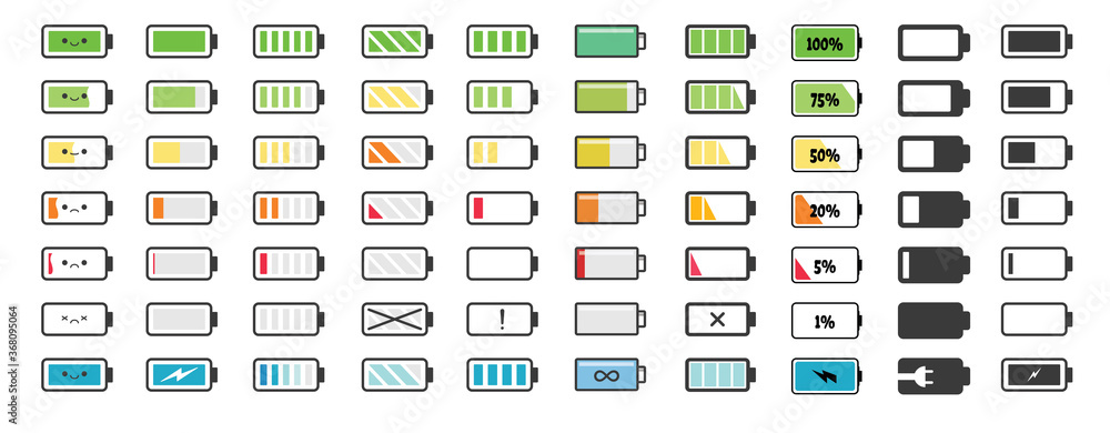 Battery charge indicator icons. Indicator of charging empty batteries and low battery power icon. Icons set for design of the interface of smartphone, tablet and other devices. Vector illustration. Battery charge indicator icons. Indicator of charging empty batteries and low battery power icon. Icons set for design of the interface of smartphone, tablet and other devices. Vector illustration.