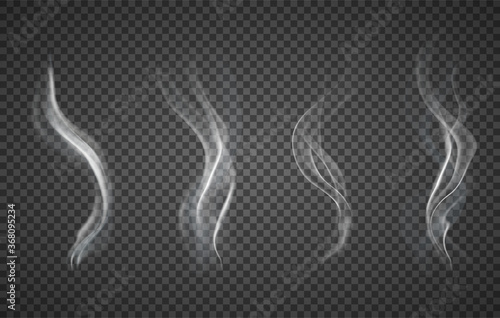Assorted realistic plumes of smoke on a transparent background for design elements, vector illustration