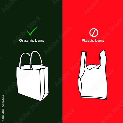 Say no to plastic bags and yes for organic bags. Flat style Vector illustration with acrylic yes or no signs.