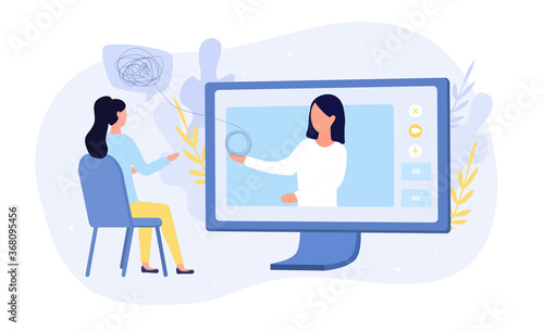 Online medical or psychological counselling with a woman sitting in front of a computer talking to a virtual doctor, colored vector illustration