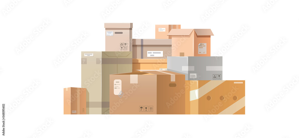 Pile cardboard boxes. Many cartons, boxes of different size. Flat style vector illustration isolated on white background. Pile cardboard boxes. Many cartons, boxes of different size. Flat style vector illustration isolated on white background.