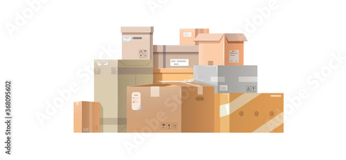 Pile cardboard boxes. Many cartons, boxes of different size. Flat style vector illustration isolated on white background.