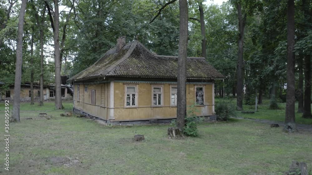 Abandoned wooden house (timber house) in a green forest. Aerial low angle view Abandoned wooden house (timber house) in a green forest. Aerial low angle view