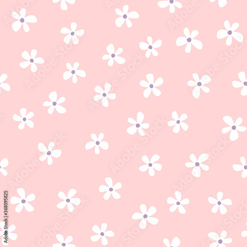 Simple seamless pattern with repeated white flowers on pink background. Cute floral vector illustration.