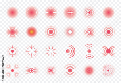 Body painful spot marks. Red rings of pain to indicate localization of pain in different parts of the human body such as the back, neck, head, back and others. Muscle pain, painful headaches or healt