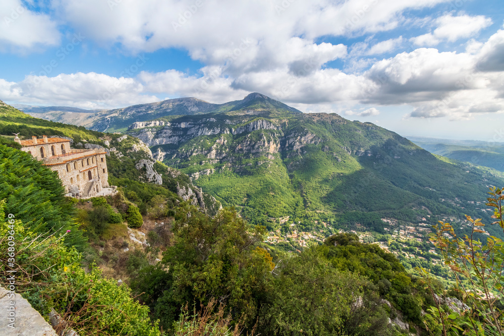 Scenic panoramic view from the mountaintop ancient village and castle of Gourdon, France, in the Maritime Alps of Southern France.