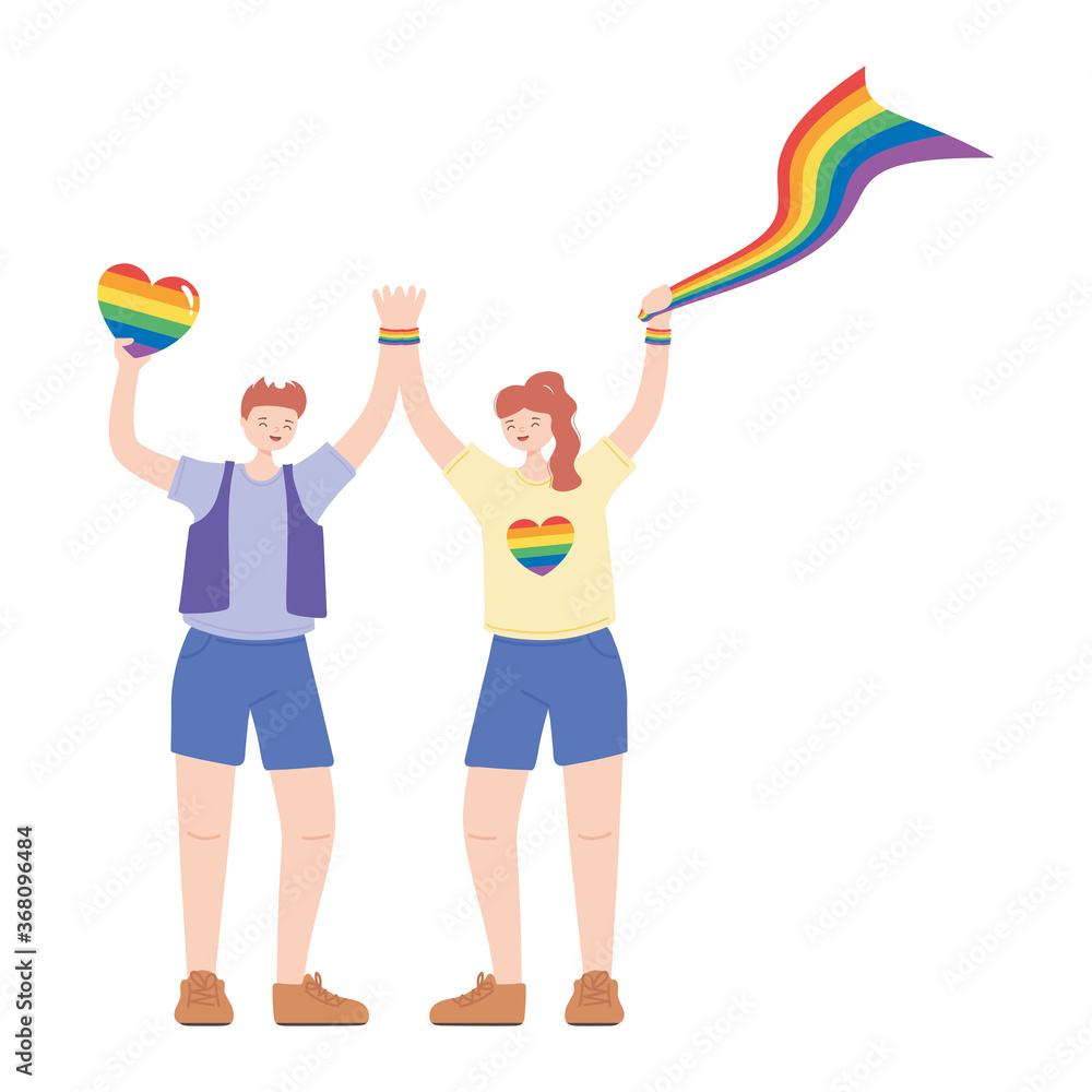 LGBTQ community, happy man and woman with rainbow flag and heart, gay parade sexual discrimination protest LGBTQ community, happy man and woman with rainbow flag and heart, gay parade sexual discrimination protest