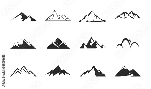 Mountains, rocks and peaks. Tibet or Alps peaks. Mountaineer hiking vector icons set.