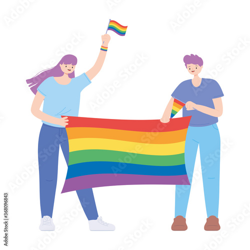 LGBTQ community, happy man and woman with rainbow flag celebration, gay parade sexual discrimination protest