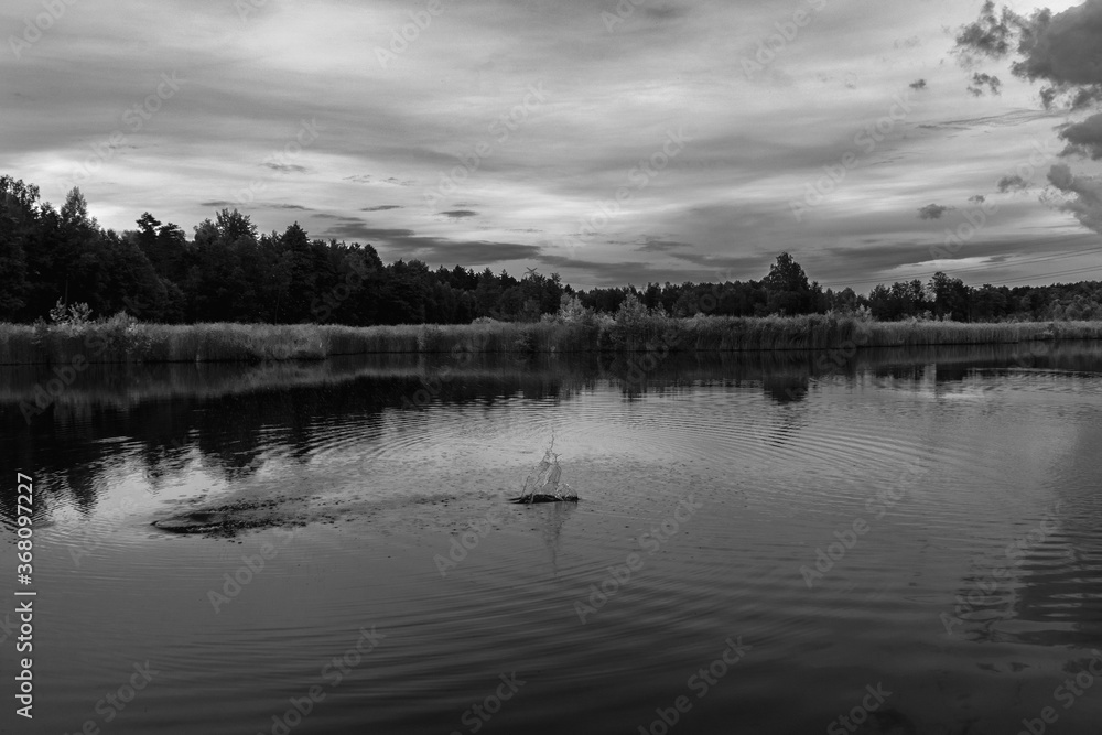 Fototapeta premium stone skipping on the lake black-and-white photo