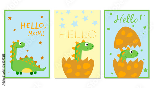 Set of three cards with cute dinosaurs in style cartoon and phrases - hello and hello, mom. Vector illustration.