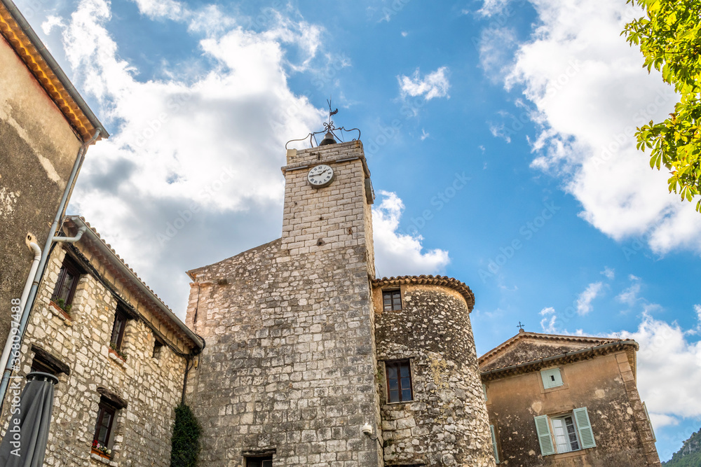A medieval clock tower in the village of Tourrettes Sur Loup, France, in the Alpes-Maritimes area of Southern France.