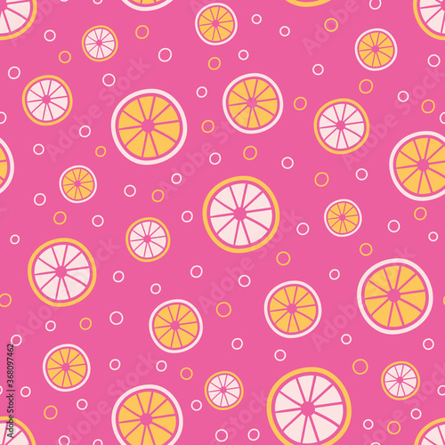 Citrus slices seamless vector pattern. Pink lemonade themed surface print design for summertime textiles, bright fabrics, stationery, scrapbook paper, girly gift wrap, and packaging.